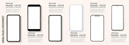 High quality realistic trendy no frame smartphone with blank white screen. Mockup phone for visual ui app demonstration. Vector mobile set device concept. Detailed Mockup Smartphone