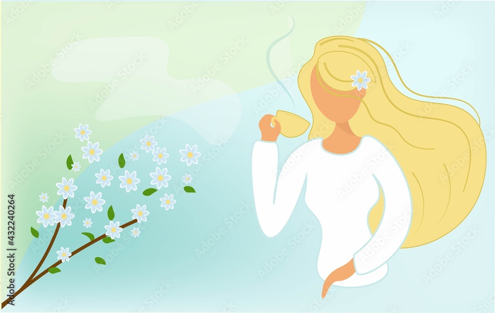 The girl is drinking coffee and admiring the flowering plant. Portrait of a cute blonde with a cup of tea. Vector illustration in gentle pastel colors with place for text. Modern flat style.