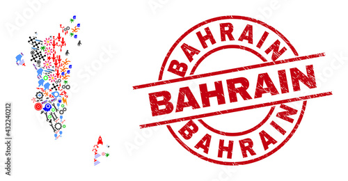 Bahrain map mosaic and Bahrain red circle stamp. Bahrain stamp uses vector lines and arcs. Bahrain map mosaic contains markers, homes, wrenches, suns, men, and more icons.