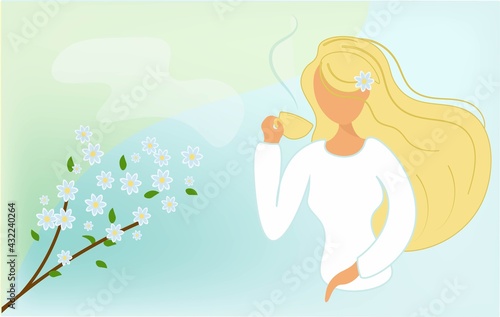 The girl is drinking coffee and admiring the flowering plant. Portrait of a cute blonde with a cup of tea. Vector illustration in gentle pastel colors with place for text. Modern flat style. © Tana