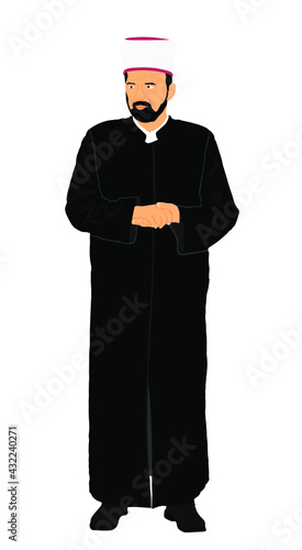 Islamic priest portrait, Muslim imam vector illustration isolated on white background. Muslim prayer. Islamic religion faithful. Believer in mosque.