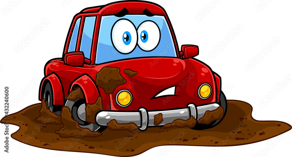 Funny Red Car Cartoon Character Stuck Mud Dirty Puddle. Vector Hand