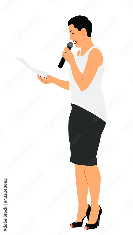 Show host woman speaking on the microphone vector illustration. Head announces present event. Announcement of the program. Public speaker lady event presenter standing on stage and reading papers. Show host woman speaking on the microphone vector illustration. Head announces present event. Announcement of the program. Public speaker lady event presenter standing on stage and reading papers.