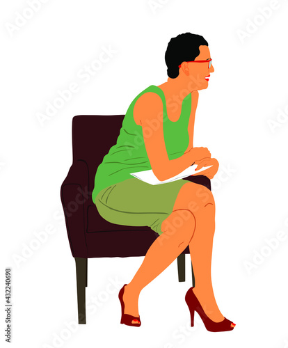 Show host woman speaking on tv show event vector illustration. Head announces present news. Announcement of the program. Public speaker lady event presenter sitting in studio and reading papers. 