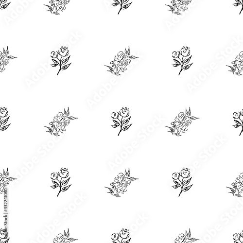 Doodle simple vector seamless pattern of hand-drawn peonies. Seamless pattern of hand-drawn peonies. Isolated on white background.