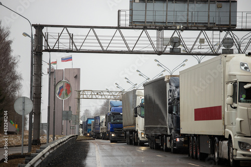 a long traffic jam of many trucks at the border , a long wait for customs checks between States due to the coronavirus epidemic, increased sanitary inspection of cargo transport