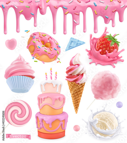Sweet food. Cake, cupcake, cotton candy, ice cream, strawberry yogurt, donut. Pink glaze seamless pattern. 3d realistic vector set