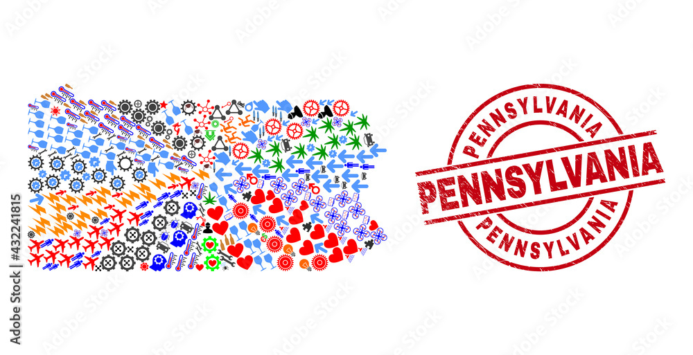 Pennsylvania State map collage and dirty Pennsylvania red round stamp print. Pennsylvania badge uses vector lines and arcs. Pennsylvania State map collage contains gears, houses, lamps, suns, men, Pennsylvania State map collage and dirty Pennsylvania red round stamp print. Pennsylvania badge uses vector lines and arcs. Pennsylvania State map collage contains gears, houses, lamps, suns, men,