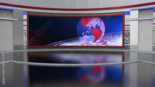 Fototapeta Naklejka Na Ścianę i Meble -  News Studio, Backdrop For TV Shows .TV On Wall.3D Virtual News Studio Background, 3d illustration	