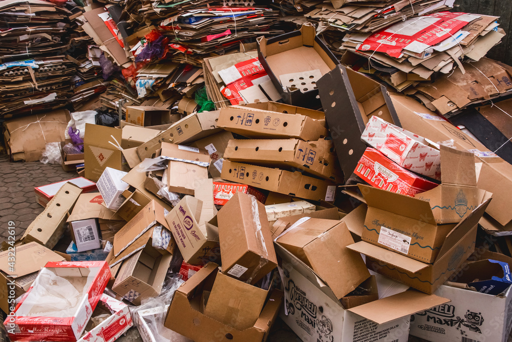 Belarus, Minsk Region - December 13, 2019: Waste packed cardboard boxes, waste and recycling paper garbage Belarus, Minsk Region - December 13, 2019: Waste packed cardboard boxes, waste and recycling paper garbage