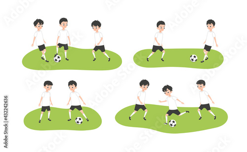 Boys playing soccer game together. Junior football. Vector flat style cartoon illustration.