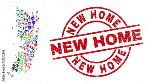 Pemba island map mosaic and New Home red round stamp print. New Home stamp uses vector lines and arcs. Pemba island map mosaic contains gears, houses, screwdrivers, bugs, hands, and more pictograms.