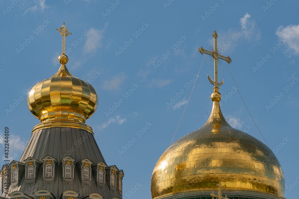 Crosses on the domes of an Orthodox church.
