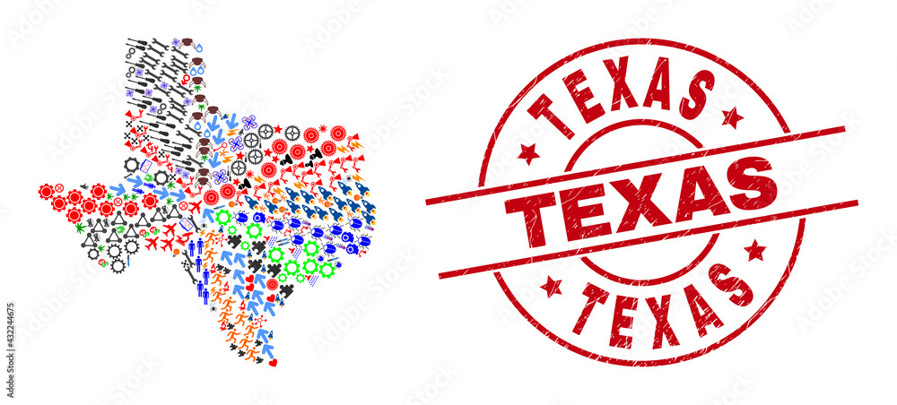 Texas State map mosaic and rubber Texas red round watermark. Texas ...