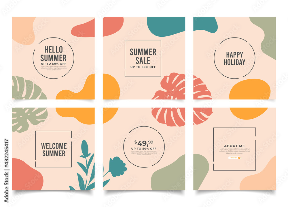 Colorful summer banner set with tropical leaves.