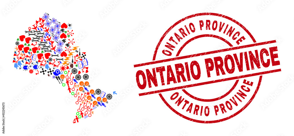 Ontario Province map mosaic and rubber Ontario Province red circle seal. Ontario Province seal uses vector lines and arcs. Ontario Province map collage contains gears, homes, lamps, suns, hands, Ontario Province map mosaic and rubber Ontario Province red circle seal. Ontario Province seal uses vector lines and arcs. Ontario Province map collage contains gears, homes, lamps, suns, hands,