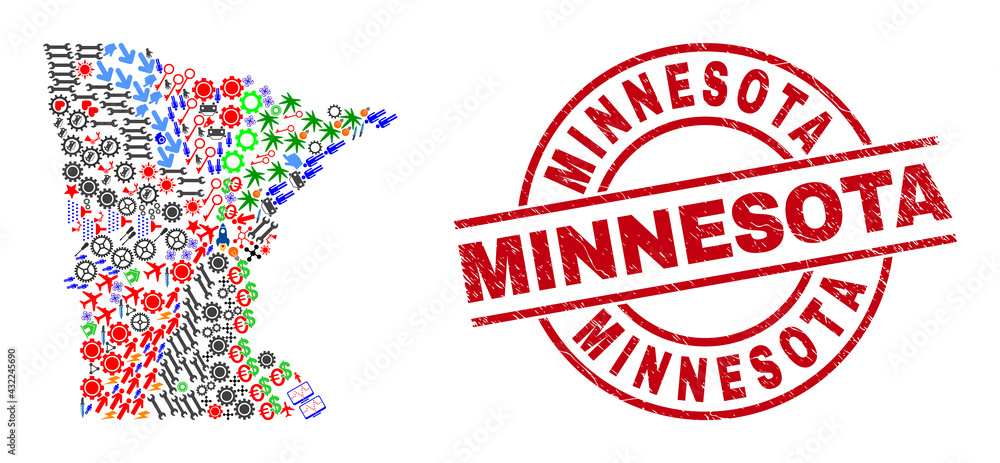 Minnesota State map collage and grunge Minnesota red circle stamp. Minnesota stamp uses vector lines and arcs. Minnesota State map collage includes gears, houses, showers, bugs, wine glasses, Minnesota State map collage and grunge Minnesota red circle stamp. Minnesota stamp uses vector lines and arcs. Minnesota State map collage includes gears, houses, showers, bugs, wine glasses,