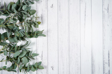 Decorated border background. On-trend farmhouse aesthetic flatlay flatlay on a white wood background. Negative copy space.