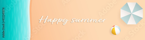 Happy summer wide style message card with umbrella and beach ball accessories in pastel colors. Simple and minimal beach top view design with summer water toy.