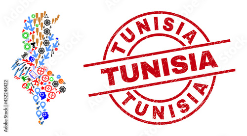 Tunisia map collage and rubber Tunisia red round stamp. Tunisia stamp uses vector lines and arcs. Tunisia map collage contains markers, homes, screwdrivers, bugs, stars, and more symbols.