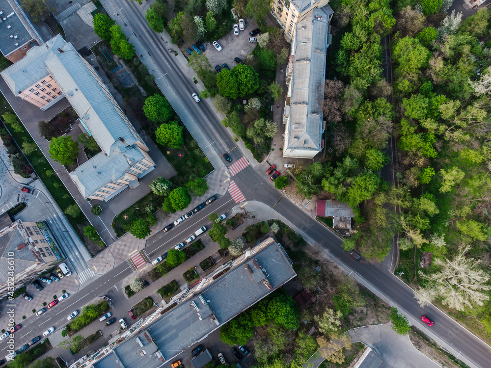 Y shaped intersection in green city. Ukraine 