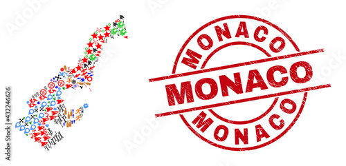 Monaco map collage and Monaco red circle stamp imitation. Monaco stamp uses vector lines and arcs. Monaco map mosaic includes markers, homes, wrenches, bugs, hands, and more symbols.
