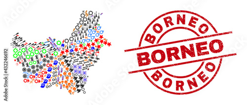 Borneo map mosaic and distress Borneo red circle stamp seal. Borneo stamp uses vector lines and arcs. Borneo map mosaic contains gears, houses, screwdrivers, bugs, men, and more icons.