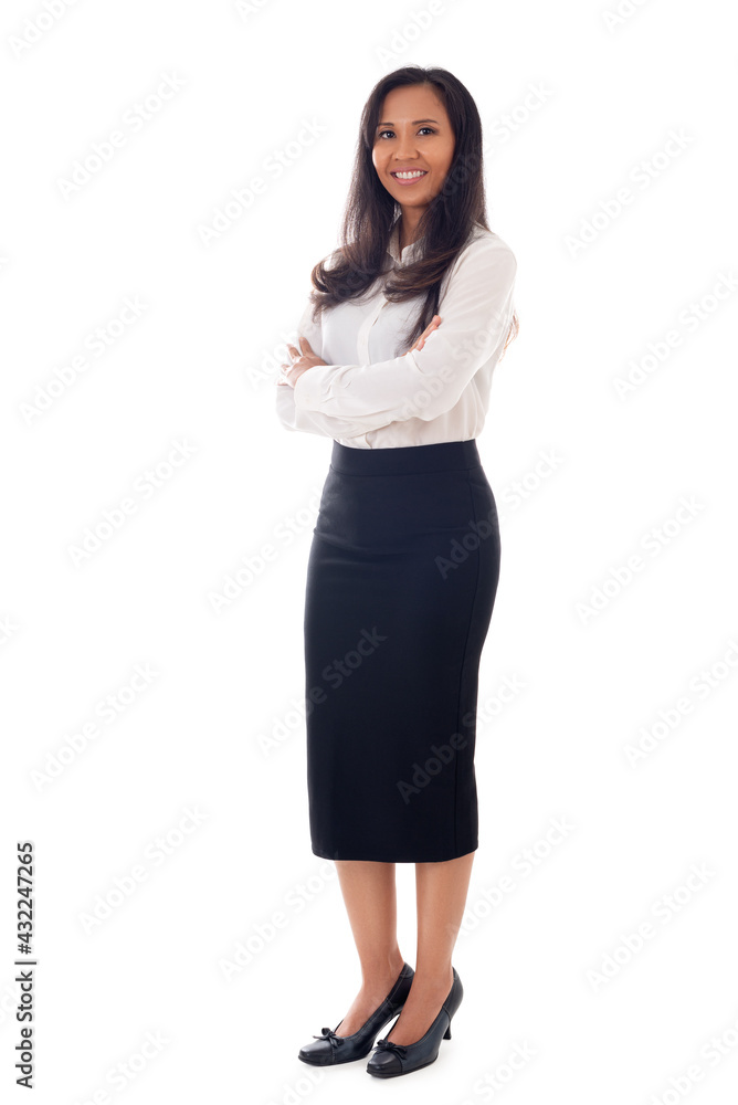 Full length young business woman standing with crossed arms isolated on white background Full length young business woman standing with crossed arms isolated on white background