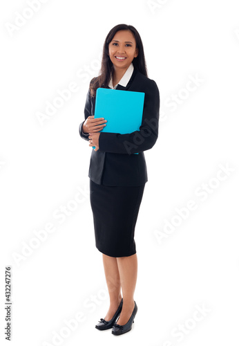Full length of asian young business woman standing with her clipboard isolated on white background