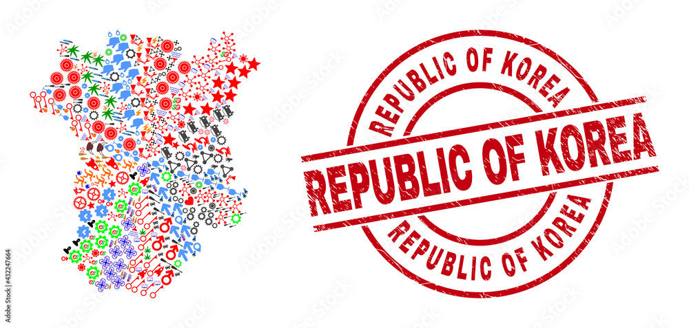 Chechen Republic map collage and rubber Republic of Korea red round watermark. Republic of Korea badge uses vector lines and arcs. Chechen Republic map collage includes helmets, houses, screwdrivers, Chechen Republic map collage and rubber Republic of Korea red round watermark. Republic of Korea badge uses vector lines and arcs. Chechen Republic map collage includes helmets, houses, screwdrivers,