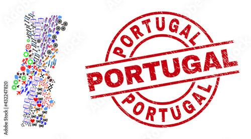 Portugal map mosaic and textured Portugal red circle stamp seal. Portugal seal uses vector lines and arcs. Portugal map mosaic contains markers, houses, screwdrivers, suns, stars, and more pictograms.