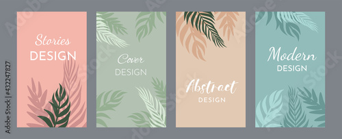 Bundle of covers with tropical leaves. Modern abstract design. In the style of minimalism. Banner background colors: pink, green, orange and blue. To create a story in social media