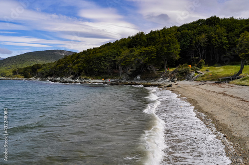 view of the coast of the lake and mountains