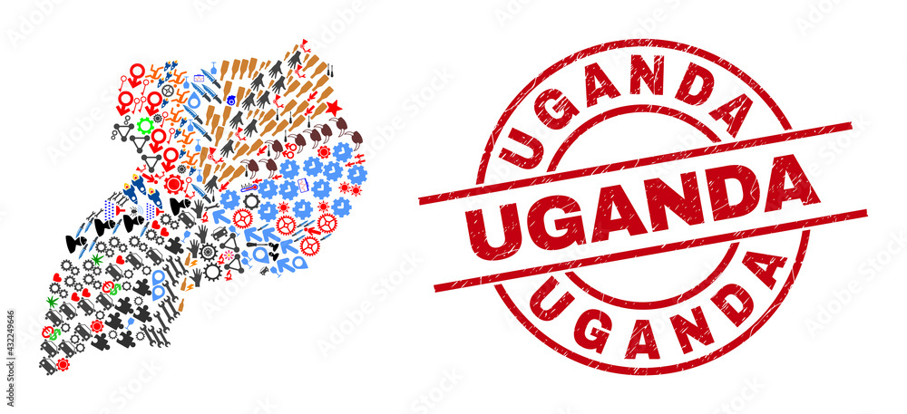 Uganda map collage and unclean Uganda red round stamp print. Uganda stamp uses vector lines and arcs. Uganda map collage includes markers, houses, screwdrivers, suns, people, and more pictograms. Uganda map collage and unclean Uganda red round stamp print. Uganda stamp uses vector lines and arcs. Uganda map collage includes markers, houses, screwdrivers, suns, people, and more pictograms.