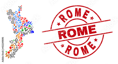 Calabria region map mosaic and distress Rome red circle badge. Rome badge uses vector lines and arcs. Calabria region map mosaic contains gears, homes, showers, bugs, wine glasses,