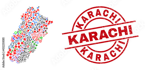 Punjab Province map collage and textured Karachi red round stamp seal. Karachi stamp uses vector lines and arcs. Punjab Province map collage contains helmets, houses, showers, suns, hands,
