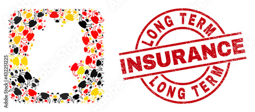 Germany state map mosaic in German flag official colors - red, yellow, black, and rubber Long Term Insurance red circle badge. Long Term Insurance badge uses vector lines and arcs.