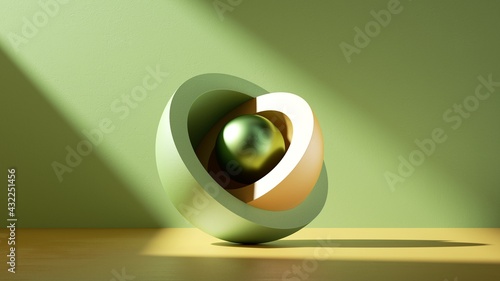 3d abstract minimal modern background, metallic core ball hidden inside yellow green hemisphere shell isolated objects, stack of bowls simple clean design photo