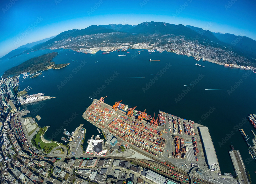 Stock aerial photo of downtown Vancouver and Place, BC, Canada