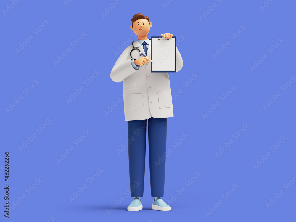 3d render, doctor cartoon character standing, holding clipboard with blank page mockup. Friendly professional therapist. Health check up concept. Medical clip art isolated on blue background - obrazy, fototapety, plakaty 