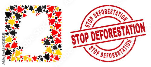 Germany state map mosaic in German flag official colors - red, yellow, black, and distress Stop Deforestation red round stamp imitation. Stop Deforestation badge uses vector lines and arcs.