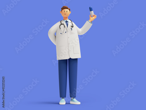 3d render. Doctor or pharmacist cartoon character holding big blue pill. Medicament recommendation. Pharmaceutical clip art isolated on blue background