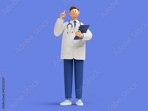 3d render, doctor cartoon character standing with finger pointing up, holding clipboard. Confident friendly therapist. Medical idea clip art isolated on blue background