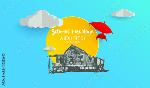Selamat Hari Raya Aidilfitri or Eid Mubarak vector illustration with traditional malay kampung village house.