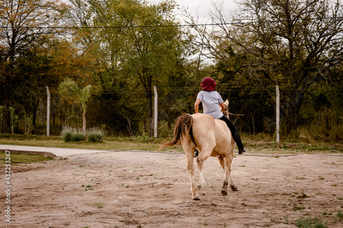 Niña joven adolescente galopando sobre caballo en el campo © Guillermo