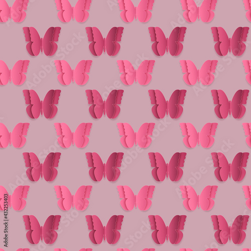 Różowe motyle wycięte z papieru unoszące się na jasnym tle. Powtarzalny wzór dla życzeń na Dzień Matki, Dzień Dziecka, tło dla social media stories, karta podarunkowa, voucher.