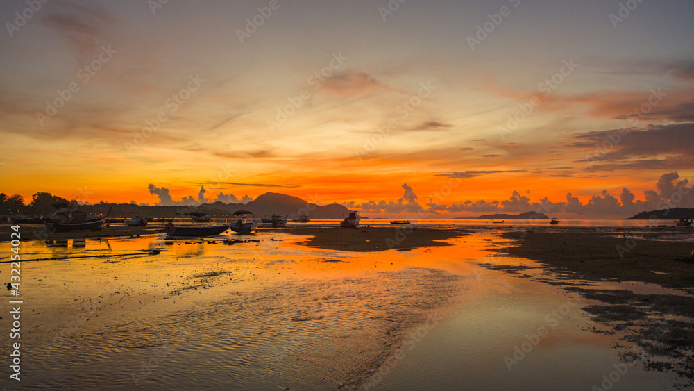 red sunrise over sea footage. Nature image High quality footage. Scene of Colorful romantic sky sunrise the sky background. beautiful sky at sunrise in nature and travel concept.
