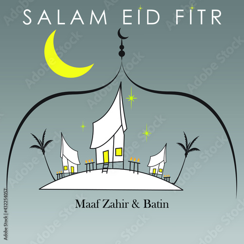 Salam Eid Fitr or Eid Mubarak greeting with gradient flat magenta color background of traditional malay kampung house, yellow moon and stars and traditional bamboo lamp