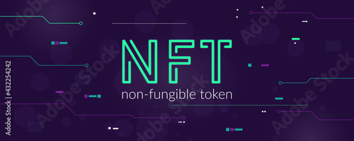 NTF concept, blockchain technology, cryptocurrency. Non-fungible token Work. Futuristic background, with elements in techno style microchips. Banner template design for web. Copyspace.
