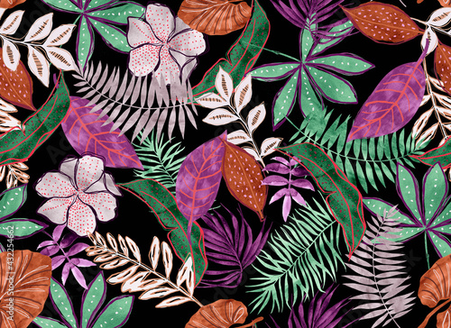 tropical pattern made with dark background and leaves elements for textil and decoration